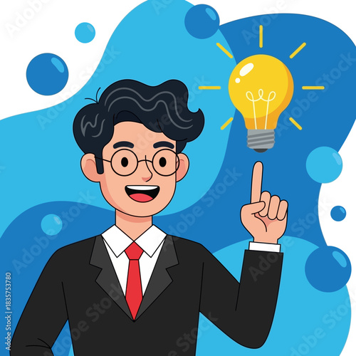 Man with Idea - Businessman with Lightbulb Above Finger.