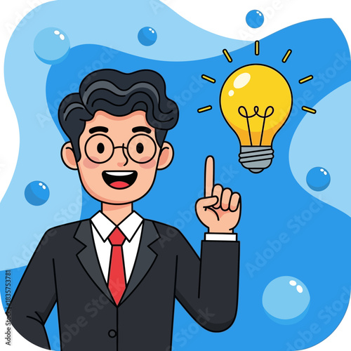 Man with Idea - Businessman Pointing to Light Bulb.