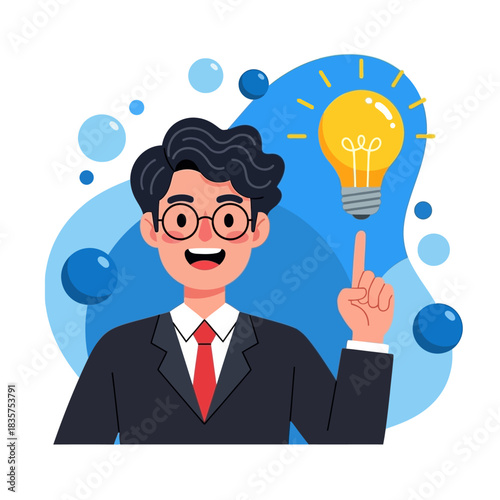 Man with Idea - Lightbulb on Finger, Business Suit, Creative Concept.