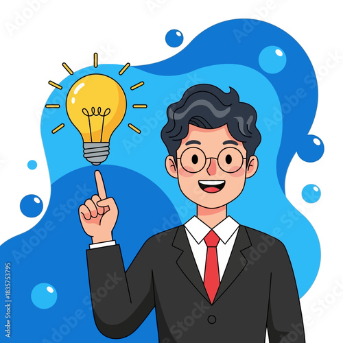 Man with Idea - Lightbulb on Finger, Business Concept.