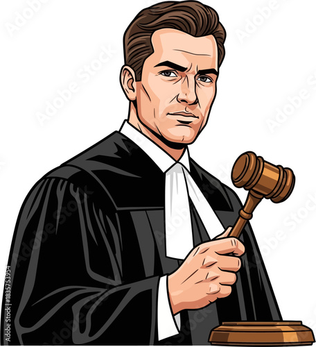 Professional Male Judge Holding Gavel with Serious Confident Expression, Court Justice Authority Character Portrait on Clean White Background – Vector Illustration