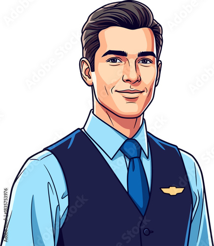 Handsome Professional Airline Pilot Man Wearing Blue Uniform and Tie, Confident Commercial Aviation Crew Leader Standing with Friendly Smile, Modern Transport Character Portrait – Vector Illustration