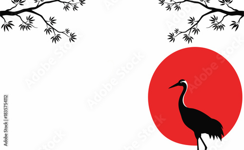 Crane stands gracefully against a vibrant red sun with cherry blossom branches above, evoking a sense of peace and timeless beauty.