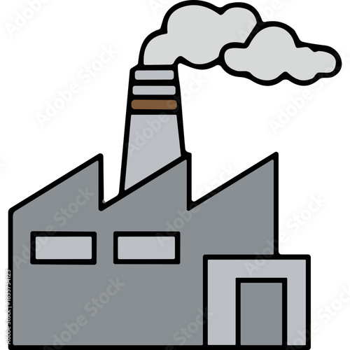 Gray Industrial Factory Building with Smoke Emanating from Chimney on Black Background Simple Flat Design