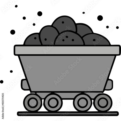 Gray Mining Cart Filled With Dark Rocks On A Track With A Simple Black Background And Minimalist Style