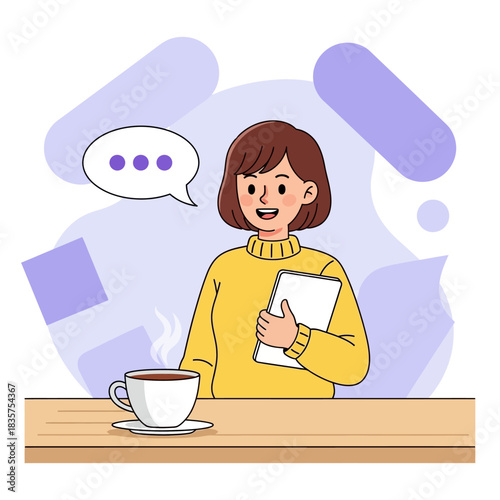 Illustration of a woman with a cup of coffee and a tablet, engaged in conversation.