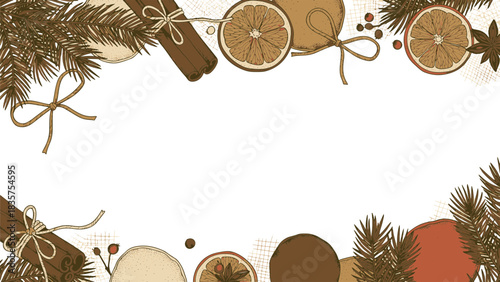 Warm Festive Christmas Border Illustration with Dried Oranges, Cinnamon, and Evergreen Branches