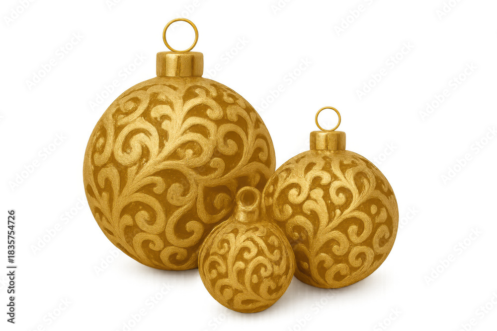 Fototapeta premium Golden christmas ornaments with intricate swirl pattern creating festive holiday decoration, transparent background