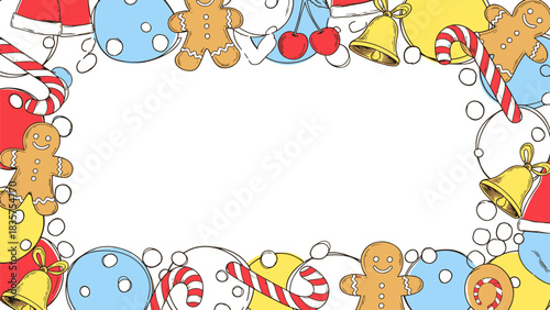 Joyful Holiday Christmas Border with Gingerbread Cookies, Candy Canes, and Bells for Festive Celebrations