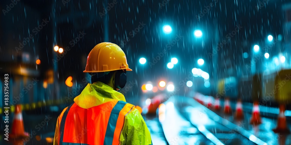 Obraz premium A construction worker stands in the rain, illuminated by streetlights, highlighting dedication and resilience in a challenging environment.