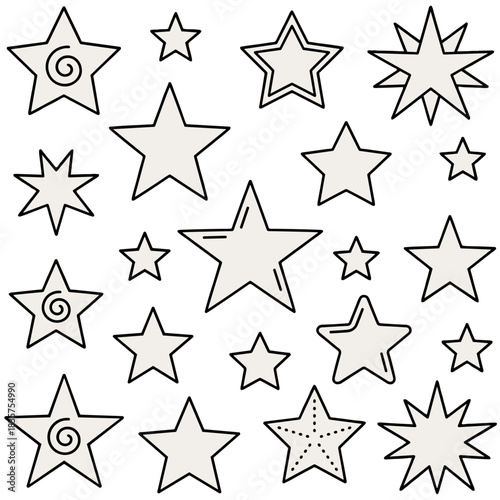 (Cloud Dancer White Color HEX: F2EFEA) Stars in Different Shapes and Sizes on a transparent background vector graphics for simple design projects and crafts