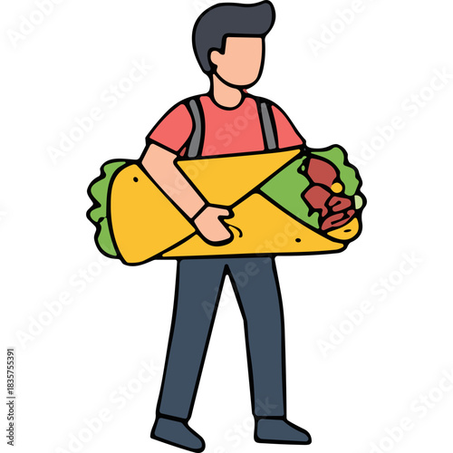 Man Holding Large Burrito Wrapped in Yellow Paper with Backpack and Casual Clothing Isolated on Black Background