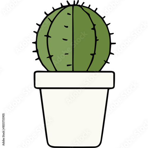 Green Cactus Plant in a White Pot with Black Spines and Detailed Texture Minimalist Illustration on a Black Background with Clean Lines
