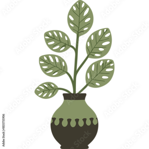 Green Calathea Plant in Decorative Vase with Dark Brown Base and Green Top Detailed Leaves with White Spots Isolated on Black Background Simple Vector Illustration