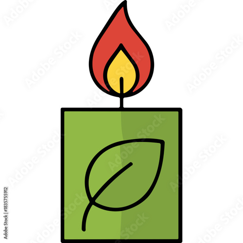 Green Candle with Leaf Symbol Burning Brightly with Red and Yellow Flame on Black Background Symbolic of Nature and Eco Friendly Energy