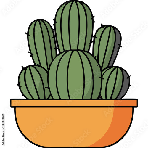 Green Cactus Plant in an Orange Pot with Spikes and Shadows Minimalist Illustration on a Black Background