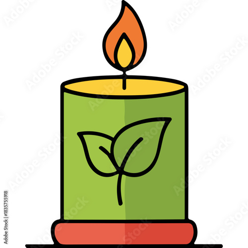 Green Candle with Leaf Design and Burning Flame Isolated on Black Background Represents Nature and Serenity
