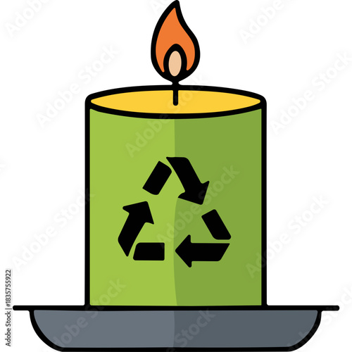 Green Candle with Recycling Symbol Burning Brightly on a Dark Saucer Eco-Friendly Concept