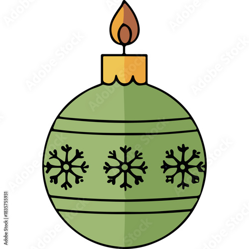 Green Christmas Ornament With Snowflakes Design and Flame on Top Isolated on Black Background