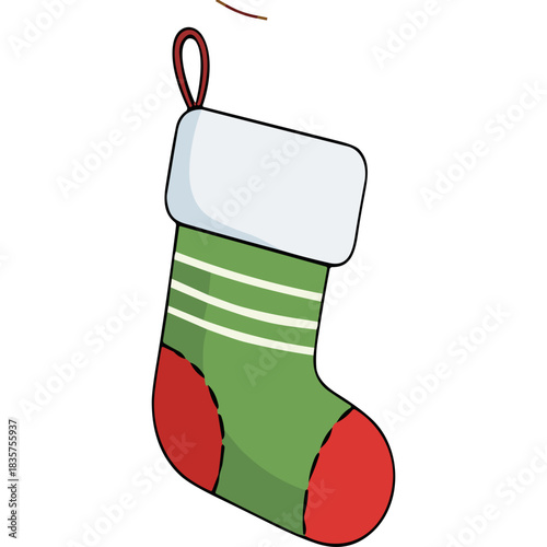Green Christmas Stocking With White Cuff And Red Toe Featuring Horizontal Stripes And Red Heel Ready For Gifts On A Black Background