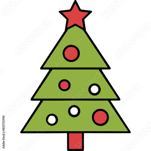 Green Christmas Tree Decorated With Red Ornaments And Star On Top Isolated On Black Background Festive Holiday Symbol Simple Flat Design