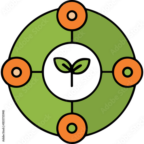 Green Circular Diagram with Orange Accents and a Black Center Featuring Delicate Green Leaves Symbolizing Growth and Nature in a Clean Vector Illustration