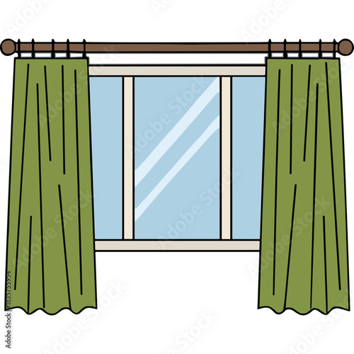 Green Curtains Frame a Window with Light Blue Sky and Subtle Cloud Reflections Bathed in Soft Natural Light