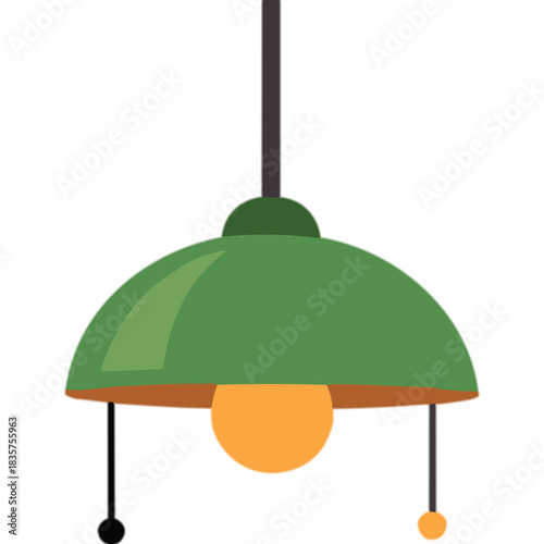 Green dome shaped pendant light fixture with an orange glow bulb and dark pull chains hanging from a black cord against a black background