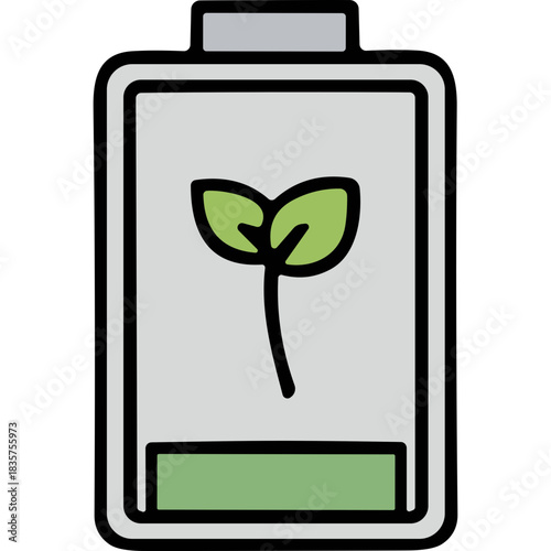 Green Energy Concept Battery Icon Symbolizing Renewable Power and Sustainability with Leaf Growth Inside a Simple Rectangular Outline on a Light Gray Background