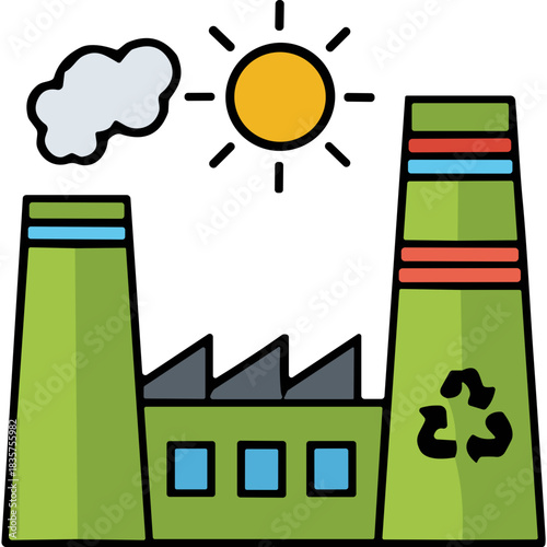 Green Factory Building With Recycling Symbol Emitting Smoke Under A Bright Sun And Blue Sky With Clouds