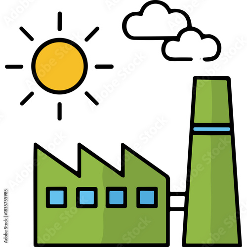 Green Factory Building With Tall Chimney Under Yellow Sun With Blue Accents And Jagged Roofline Against Dark Background Simple Flat Illustration