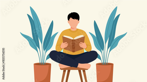 Man reading book while sitting crosslegged on stool between potted plants in peaceful indoor setting, promoting relaxation and mindfulness.