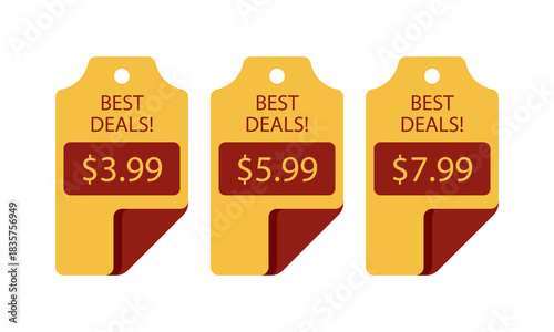 Three burgundy tags advertising best offers with different prices