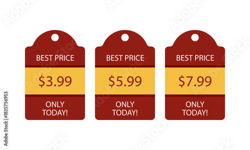 Three burgundy tags advertising best offers with different prices