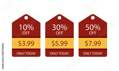 Three burgundy tags advertising best offers with different prices