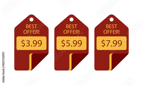 Three burgundy tags advertising best offers with different prices