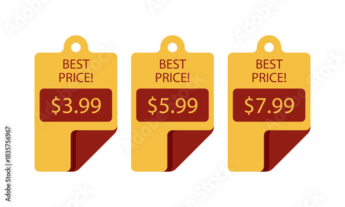 Three burgundy tags advertising best offers with different prices