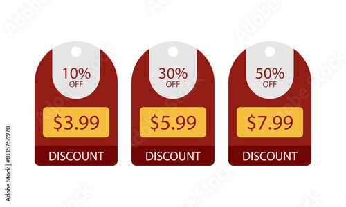 Three burgundy tags advertising best offers with different prices
