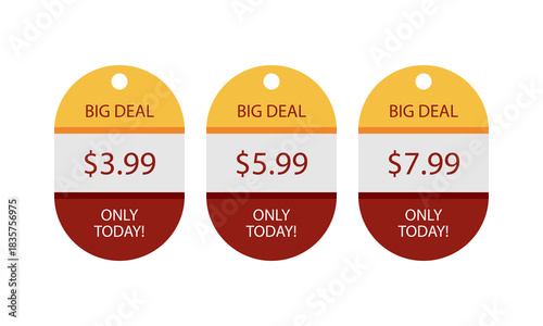 Three burgundy tags advertising best offers with different prices