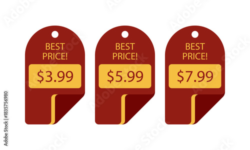 Three burgundy tags advertising best offers with different prices