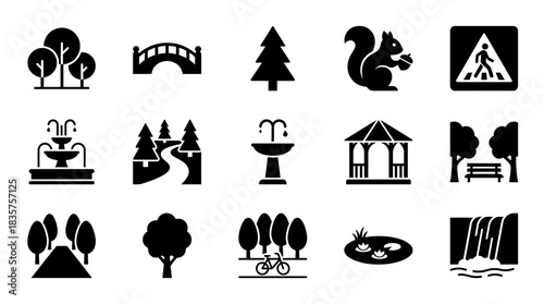 Collection of park elements displayed as black silhouettes on white providing simple outdoor recreation and nature symbols.