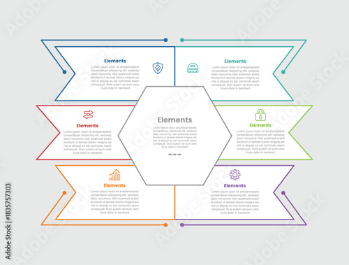 6 elements infographic comparison diagram with hexagon base with arrow ribbon box container as background with dot line style 6 step for slide presentation