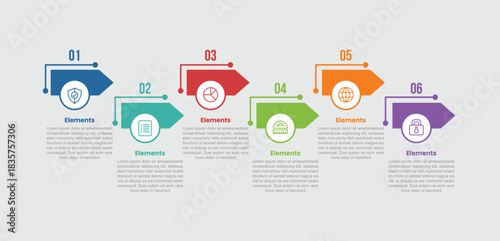 6 elements infographic comparison diagram with small arrow up and down with small circle at bottom with dot line style 6 step for slide presentation