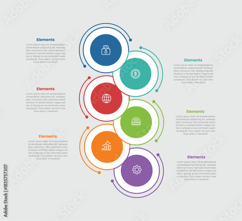 6 elements infographic comparison diagram with big circle vertical stacked opposite direction with dot line style 6 step for slide presentation