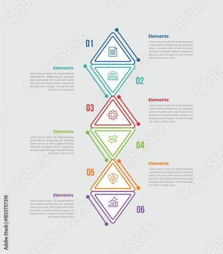 6 elements infographic comparison diagram with small triangle arrow stacked opposite vertical with dot line style 6 step for slide presentation