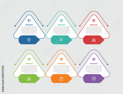 6 elements infographic comparison diagram with round triangle box container with top direction with dot line style 6 step for slide presentation
