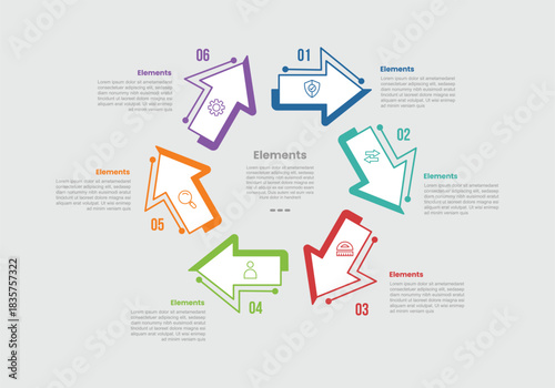 6 elements infographic comparison diagram with small arrow on cycle circular with separated object with dot line style 6 step for slide presentation