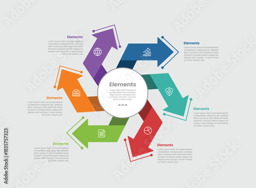 6 elements infographic comparison diagram with big circle center with flipped arrow cycle circular with dot line style 6 step for slide presentation