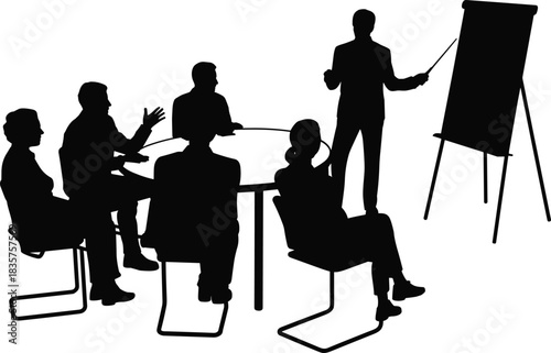 Business meeting presentation silhouette showing group discussion with trainer pointing at flip chart, corporate training session teamwork illustration vector design