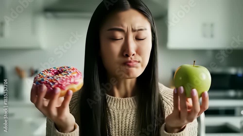 Woman holding green apple and pink donut with sprinkles, sparking curiosity about conflicting desires, perfect for advertising campaigns, cooking shows, or wellness programs.